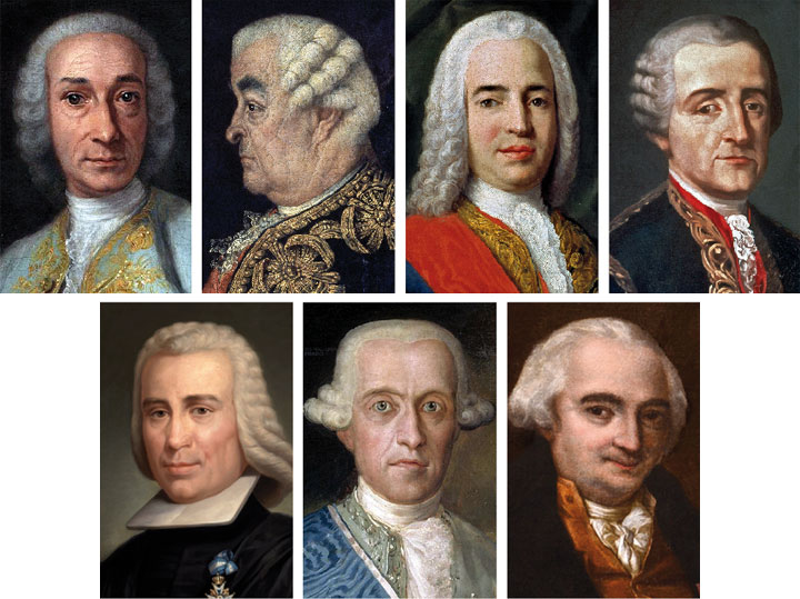 Ministros de Carlos III: Esquilache, Tanucci, Ensenada, Aranda, Campomanes, Floridablanca y Olavide.