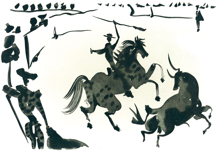 Aguatinta de la serie <em>La Tauromaquia,</em> de Pablo Picasso, publicado en 1961 en el libro-álbum <em>Toros y toreros</em> con textos de Luis Miguel Dominguín