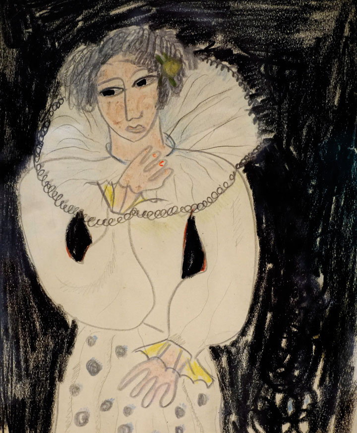 Muchacha con gola sobre fondo negro, ca. 1924. Lápiz y lápices de color sobre papel. 25 x 20 cm. © Fundación Federico García Lorca