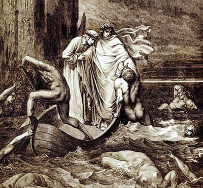Dante y su guía Virgilio cruzan la laguna Estigia, en el quinto círculo del Infierno.